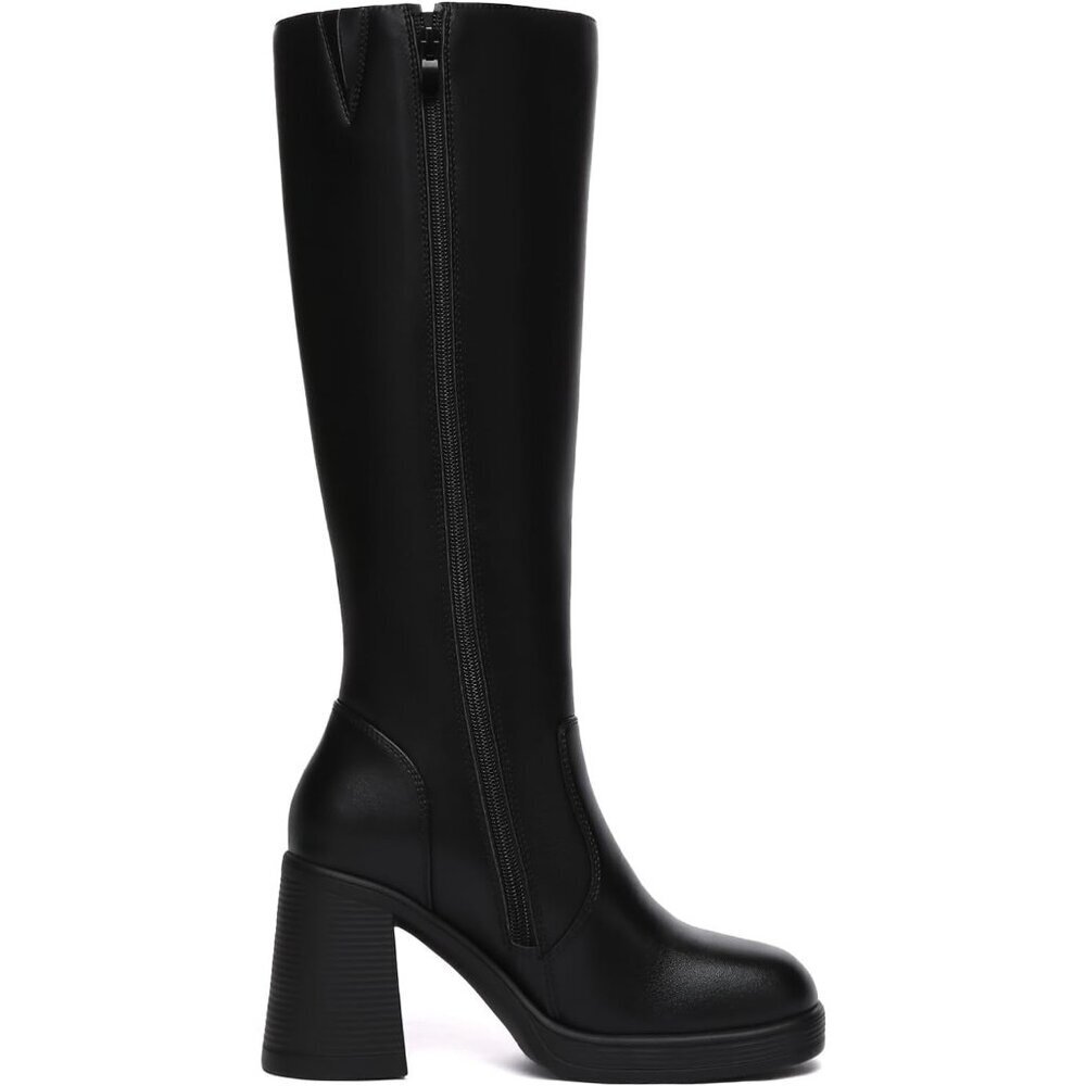 Women's Black Athlefit Knee High Platform Heeled Toe Chunky Side Zipper Boots - Picture 4 of 6